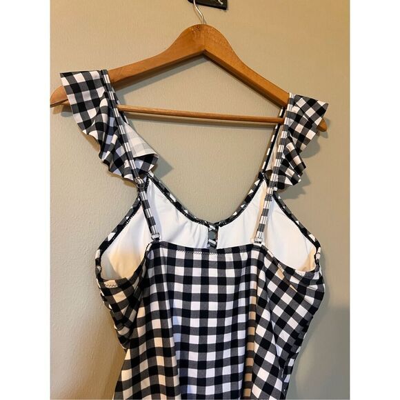 Cupshe Size XL Ruffle Strap One Piece Swimsuit Black Gingham Check Plaid Modest - Picture 10 of 15